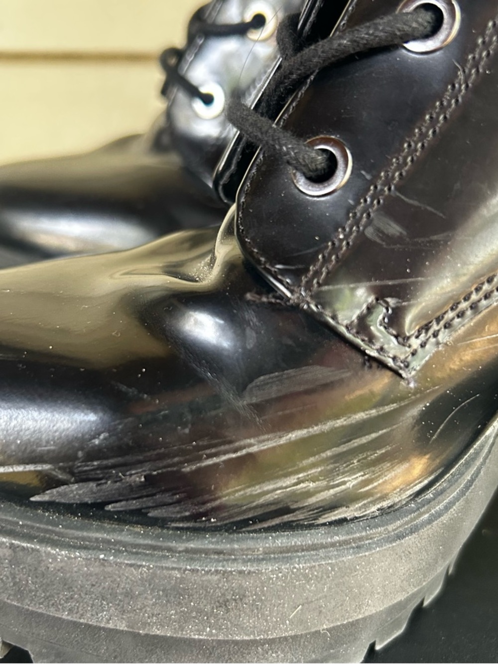 Bershka Black Patent Lace-Up Lug-Heel Combat Boots - Picture 6 of 7